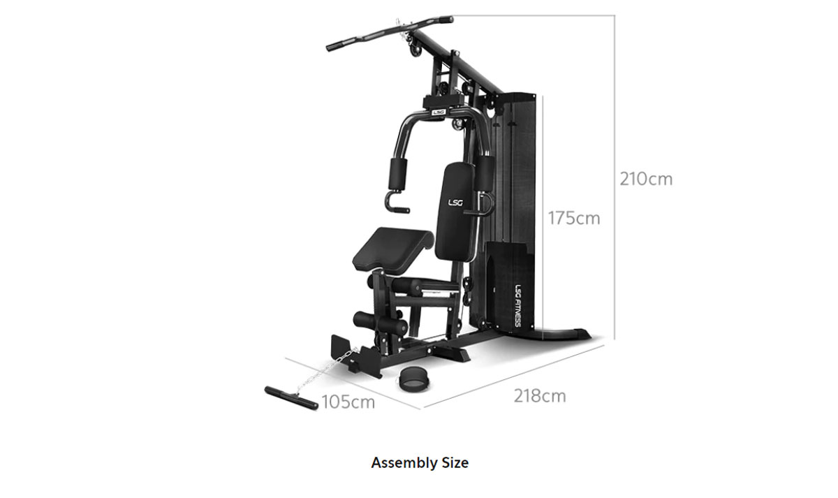 Gym machine with labeled dimensions: 210x105x218cm